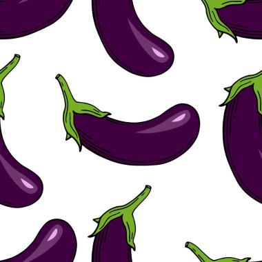 Patlıcan seamless modeli. Patlıcan çiftlik pazarı için. Vektör çizim. Elle çizilmiş