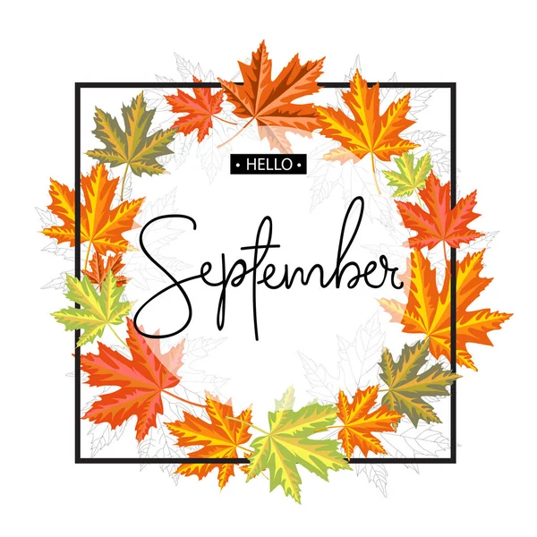 Ciao Settembre Calligrafia Iscrizione Modello Banner Autunno Illustrazione Vettoriale — Vettoriale Stock