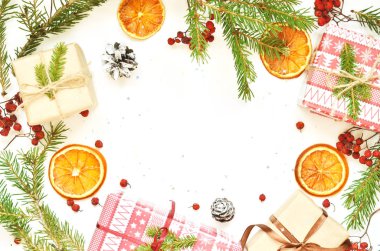 Noel tatil sezonu için arka plan. Kopya alanı ile üstten görünüm