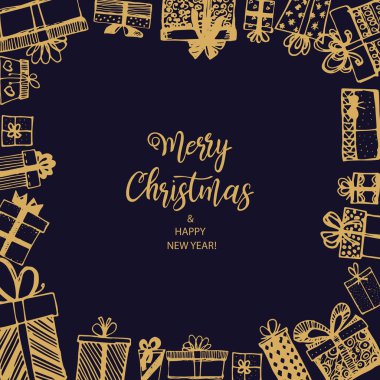 Mutlu Noeller ve mutlu yeni yıl. Çerçeve hediye yaptı. Elle çizilmiş. Vektör çizim