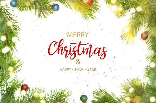 Prettige Kerstdagen Gelukkig Nieuwjaar Kerst Badrand Van Pine Tak Ornamenten — Stockfoto