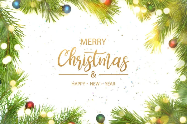 Prettige Kerstdagen Gelukkig Nieuwjaar Kerst Badrand Van Pine Tak Ornamenten — Stockfoto