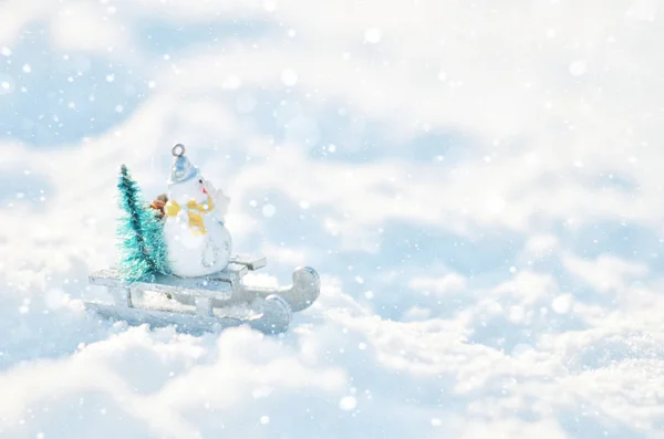 Snowman Sleigh Christmas Tree Snowdrifts Winter Season Background — Stock Photo, Image