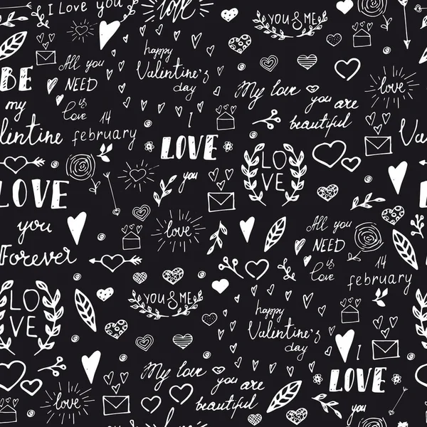 Nahtloses Muster Mit Gezeichneten Designelementen Für Den Valentinstag Handgezeichnet Vektorillustration — Stockvektor