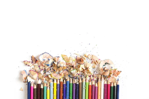 Strumenti Disegno Sfondo Sacco Matite Colorate Telaio Con Segatura Trucioli — Foto Stock