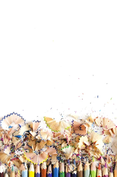 Тло Інструментів Малювання Багато Барвистої Рамки Олівців Тирсою Стружкою Білому — стокове фото