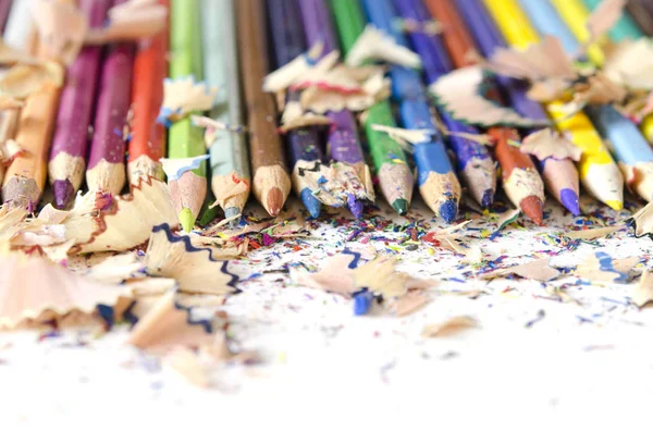 Strumenti Disegno Sfondo Sacco Matite Colorate Telaio Con Segatura Trucioli — Foto Stock