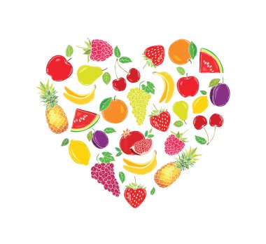 Meyve bir kalp şeklinde stilize görüntüler. Vektör çizim. Elle çizilmiş.