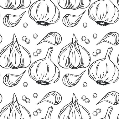 Sarımsak ile Seamless modeli. Organik sağlıklı gıda. Vejetaryen beslenme. Elle çizilmiş. 