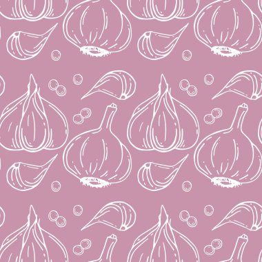 Sarımsak ile Seamless modeli. Organik sağlıklı gıda. Vejetaryen beslenme. Elle çizilmiş. 