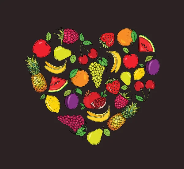 Immagini Stilizzate Frutta Forma Cuore Illustrazione Vettoriale Disegnato Mano — Vettoriale Stock