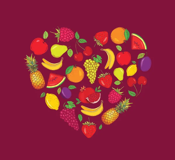 Immagini Stilizzate Frutta Forma Cuore Illustrazione Vettoriale Disegnato Mano — Vettoriale Stock