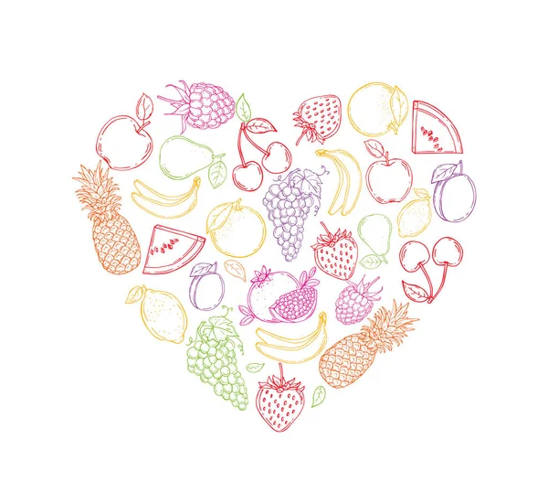 Stilisierte Bilder Von Früchten Herzform Vektorillustration Handgezeichnet — Stockvektor