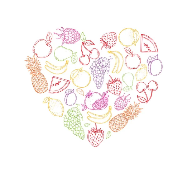 Immagini Stilizzate Frutta Forma Cuore Illustrazione Vettoriale Disegnato Mano — Vettoriale Stock