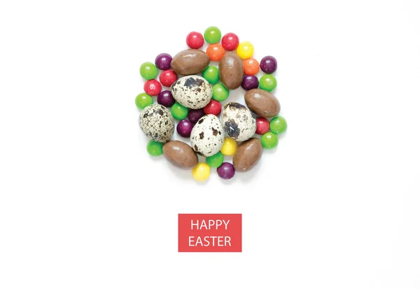 Aufschrift Frohe Ostern Ostereier Bunte Süßigkeiten Flache Lage Draufsicht — Stockfoto