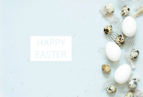 Aufschrift Frohe Ostern Osterkomposition Mit Ostereiern Und Federn Flache Lage — Stockfoto