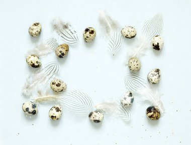  Çerçeve ile bıldırcın yumurtası, tüyler ve ve mavi zemin üzerine altın glitter