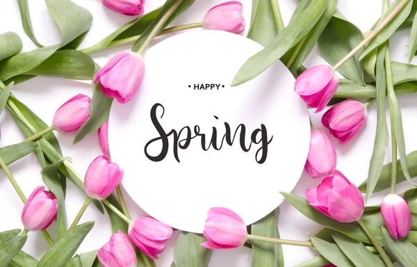 Napis Happy Wiosna Tulip Kwiat Tło Wiosna — Zdjęcie stockowe