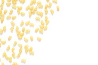 Pişmemiş makarna gıda arka plan olarak. Üstten Görünüm veya düz lay kopya alanı ile