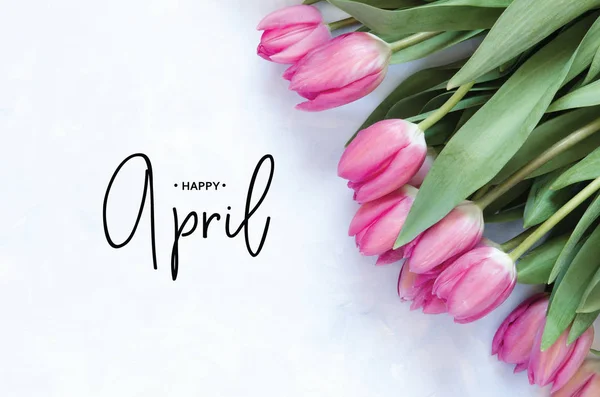 Inscripție Happy April Floare Lalea Spring Background — Fotografie, imagine de stoc