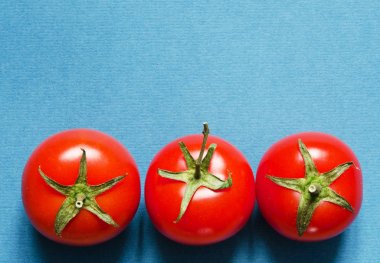 Mavi bir arka plan kopya alanı üzerinde parlak organik domates. -Görüntü
