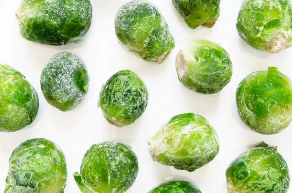 Frozen Brussels Sprouts White Background Top View Flat Lay — Stock Photo, Image