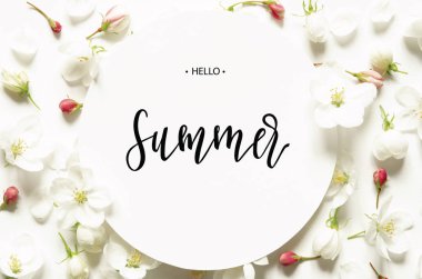 Yazıt Merhaba Yaz. Beyaz taze çiçekler. Üst te. - görüntü