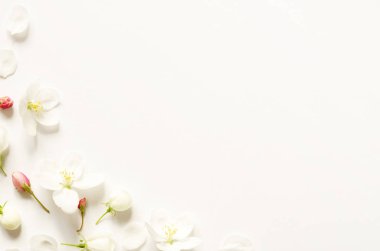 Çiçek kompozisyonu. Desen beyaz kağıt üzerinde metin için boşluk ile beyaz ve pembe çiçekler yaptı. Mockup. Yukarıdan görüntüleyin. - Resim 