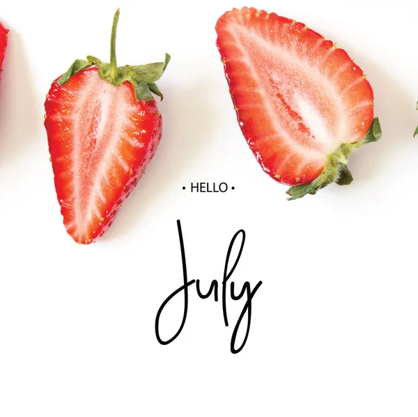 Inscription Hello July. Creative fresh strawberries pattern background. - Image