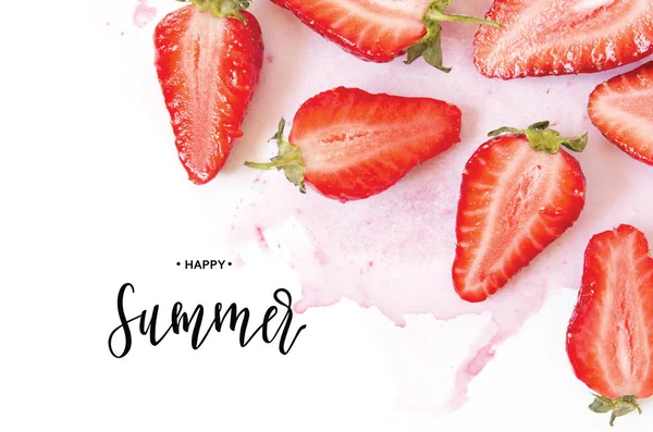 Inscription Happy Summer. Creative fresh strawberries pattern background. - Image