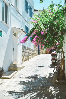 Geleneksel Ege mimarisi; Bodrum Eski şehir dar sokakları, Türkiye. - Resim