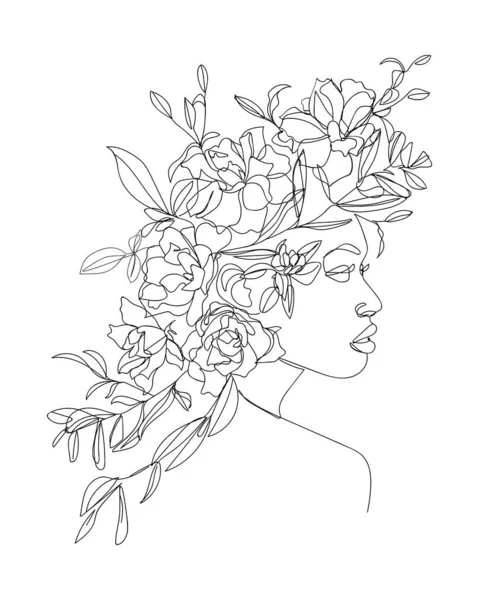 Πορτρέτο Της Νεαρής Όμορφης Γυναίκας Λουλούδια Στο Κεφάλι Σχεδιάστε Εικονογράφηση — Διανυσματικό Αρχείο