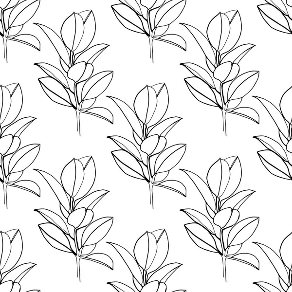Ficus热带无缝模式 线条画黑白相间 矢量说明 — 图库矢量图片