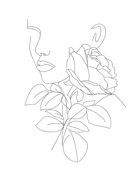 Minimalistisches Gesicht Mann Und Rose Blume One Line Abstract Portrait — Stockvektor