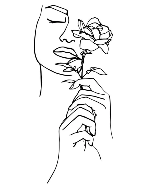 Портрет Красивої Жінки Трояндовою Квіткою Малюнок Лінії Векторні Ілюстрації — стоковий вектор