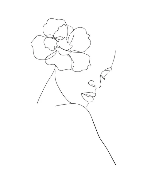 Retrato Mulher Bonita Com Flor Cabeça Desenho Linha Ilustração Vetorial — Vetor de Stock