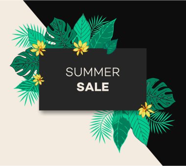 Tropikal yaprakları ve çiçekleri ile yaz satış şablonu