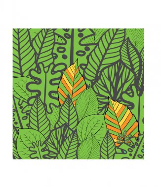 Yeşil arka plan üzerinde anahat tropikal yaprakları ile dikişsiz desen 