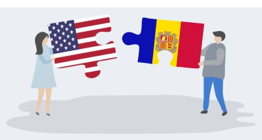 Amerikan ve Andorran bayrakları ile iki bulmaca parçaları tutan çift. Amerika Birleşik Devletleri ve Andorra ulusal sembolleri birlikte.
