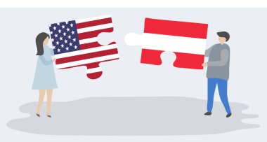 Amerikan ve Avusturya bayrakları ile iki bulmaca parçaları tutan çift. Amerika Birleşik Devletleri ve Avusturya ulusal sembolleri birlikte.