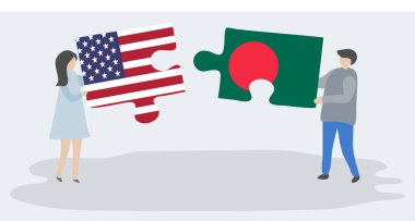 Amerikan ve Bangladeş bayrakları ile iki bulmaca parçaları tutan çift. Amerika Birleşik Devletleri ve Bangladeş ulusal semboller birlikte.