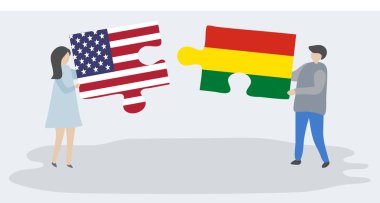 Amerikan ve Bolivya bayrakları ile iki bulmaca parçaları tutan çift. Amerika Birleşik Devletleri ve Bolivya ulusal sembolleri birlikte.