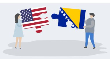 Amerikan ve Bosna bayrakları ile iki bulmaca parçaları tutan çift. Amerika Birleşik Devletleri ve Bosna-Hersek ulusal sembolleri birlikte.