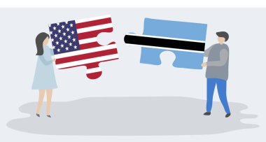 Amerikan ve Motsvana bayrakları ile iki bulmaca parçaları tutan çift. Amerika Birleşik Devletleri ve Botsvana ulusal sembolleri birlikte.