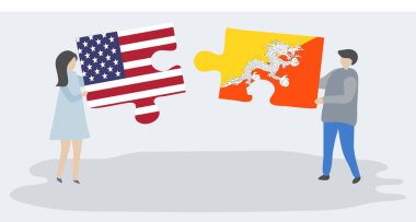 Amerikan ve Bhutan bayrakları ile iki bulmaca parçaları tutan çift. Amerika Birleşik Devletleri ve Bhutan ulusal sembolleri birlikte.