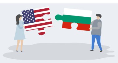 Amerikan ve Bulgar bayrakları ile iki bulmaca parçaları tutan çift. Amerika Birleşik Devletleri ve Bulgaristan ulusal sembolleri birlikte.
