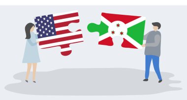 Amerikan ve Burundi bayrakları ile iki bulmaca parçaları tutan çift. Amerika Birleşik Devletleri ve Burundi ulusal sembolleri birlikte.