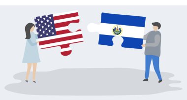 Amerikan ve Salvador bayrakları ile iki bulmaca parçaları tutan çift. Amerika Birleşik Devletleri ve El Salvador ulusal sembolleri birlikte.
