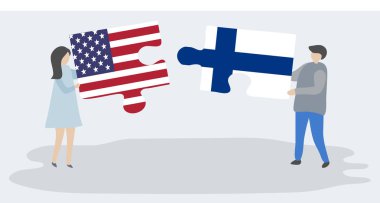 Amerikan ve Fin bayrakları ile iki bulmaca parçaları tutan çift. Amerika Birleşik Devletleri ve Finlandiya ulusal sembolleri birlikte.
