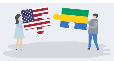 Amerikan ve Gabonese bayrakları ile iki bulmaca parçaları tutan çift. Amerika Birleşik Devletleri ve Gabon ulusal sembolleri birlikte.